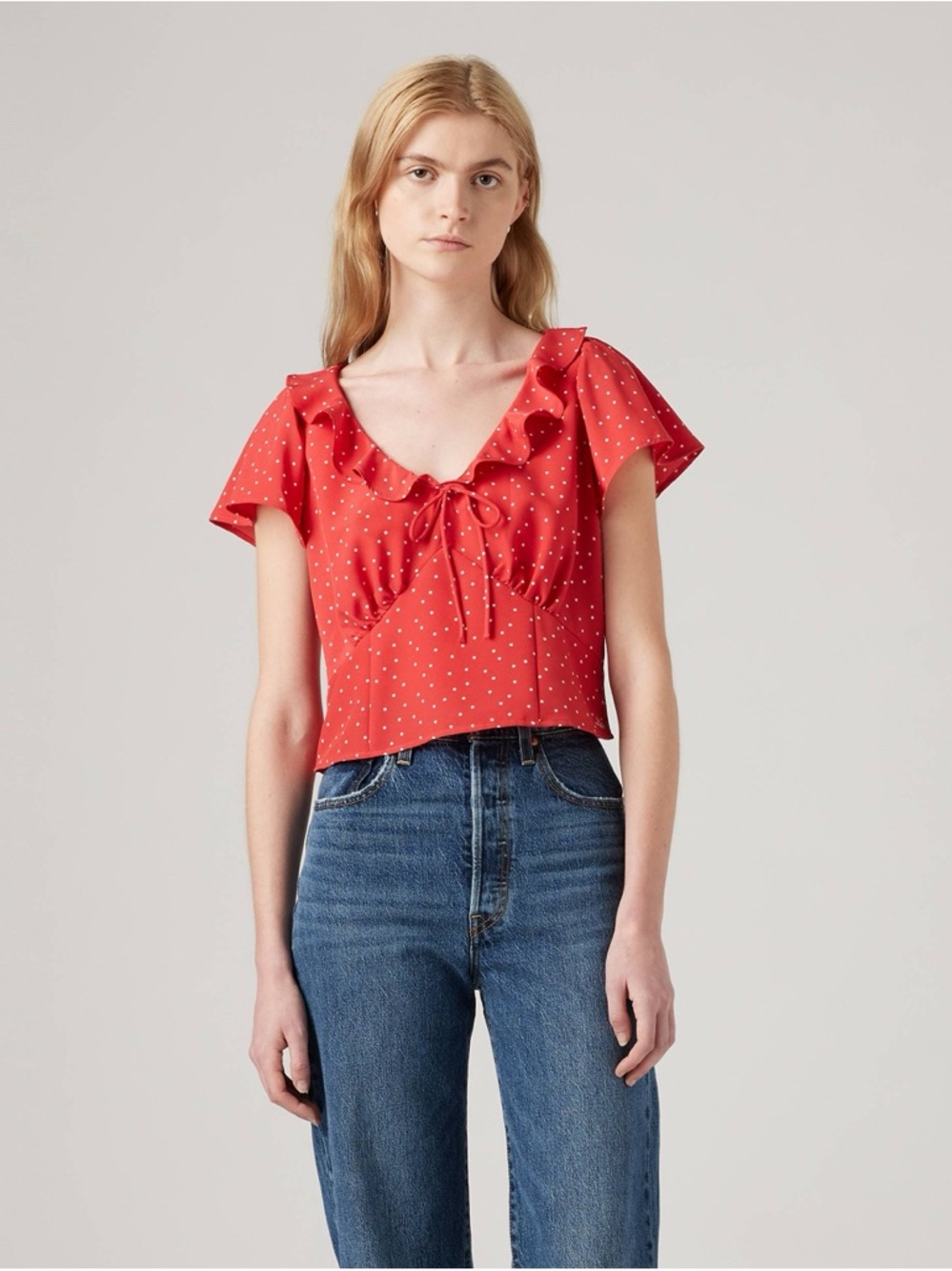 Levi's Mylene Red Polka Dot Ruffle Tie-Front  Blouse